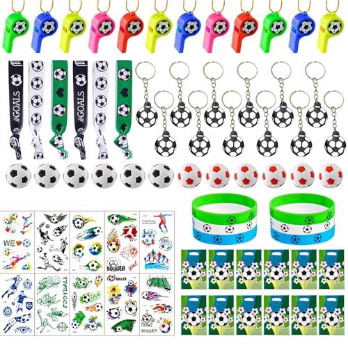 Soccer Party Favors Supplies Set With 80PCS Soccer Theme Birthday Party Decorations Gift Toy Stickers Eraser Silicone Wristbands Soccer Ball Keychains Whistle Prefect for Football Party Gifts Bags