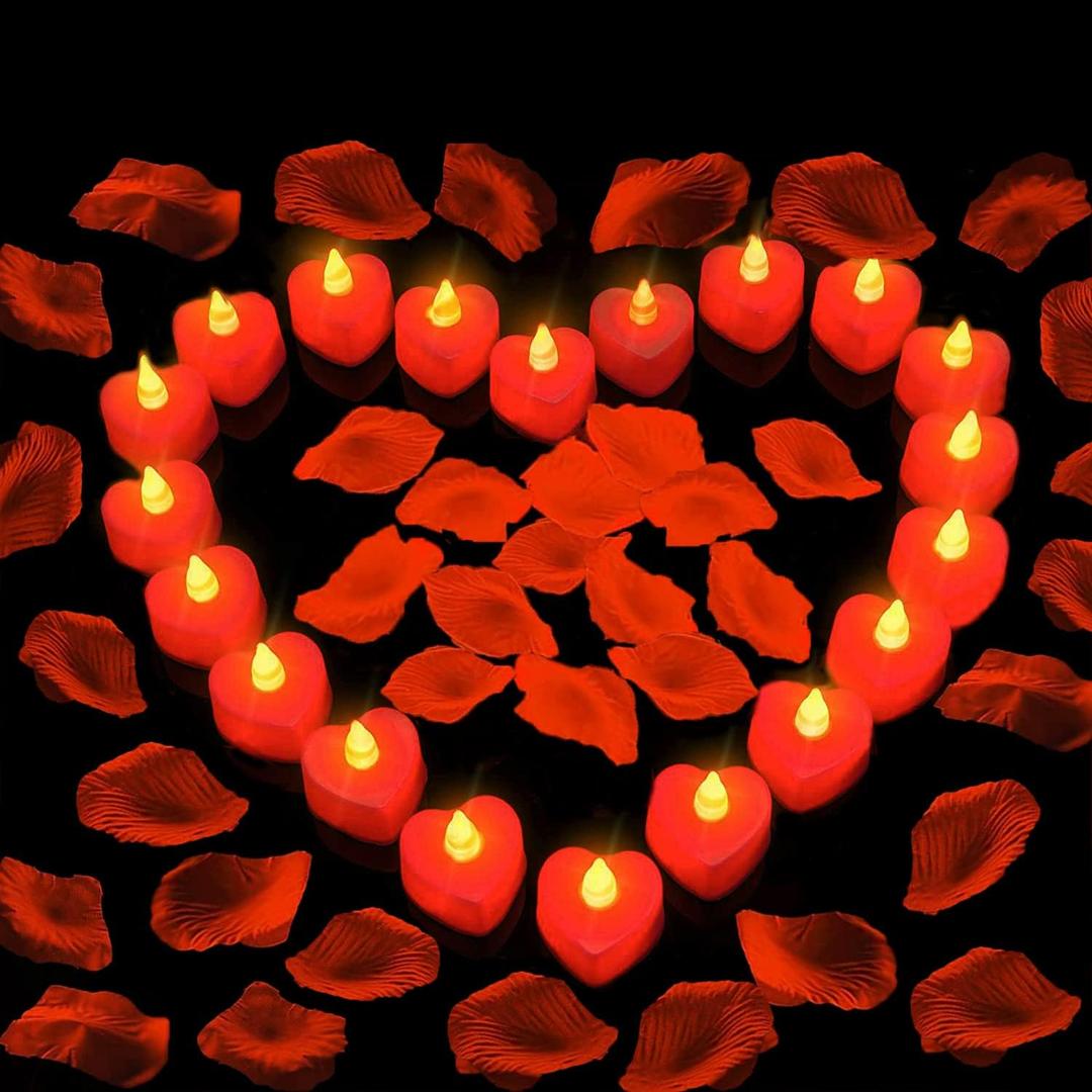 1000 Pieces Artificial Red Rose Petals with 24 Pieces Heart Romantic Flameless LED Tealight Candles for Special Night, Love Candle for Valentine's Day, Anniversary Decorations, Wedding, Engagement