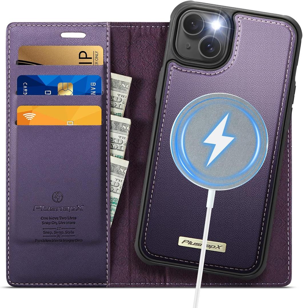 Wallet Case for iPhone 15 Plus Compatible with Magsafe, 2-in-1 PU Leather Flip RFID Blocking Card Holder Stand Shockproof Magnetic Detachable Cover for iPhone 15 Plus Case, Fashion Purple