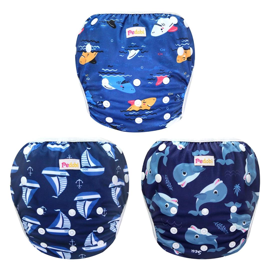 Pedobi Reusable Baby Swim Diapers, Adjustable Diaper Swim for Toddlers 9 Months - 3 Years Old, 3 Pack for Swimming Lessons (Whale Shark Sailboat, Large) Pedobi Reusable Baby Swim Diapers, Adjustable Diaper Swim for Toddlers 9 Months - 3 Years Old, 3 Pack for Swimming Lessons (Whale Shark Sailboat, Large)