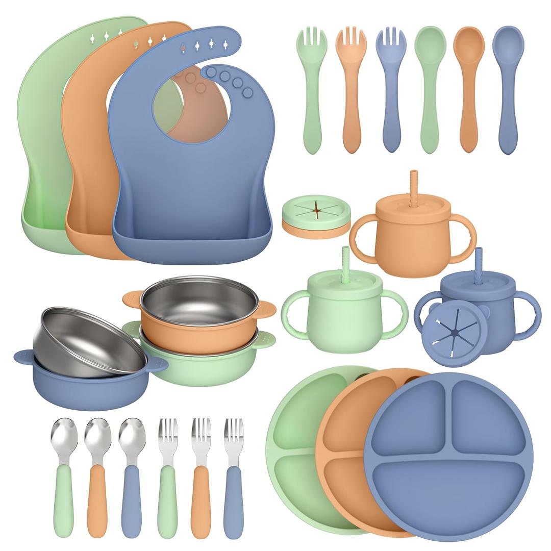 27 Pack Silicone Baby Feeding Set, Hepotk BPA-Free Food Grade Baby Feeding Essentials Utensils, Second Stage Baby Food Eating Utensils, Set of 3 babies (Brown, Blue, Green)