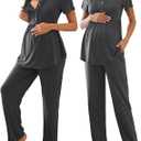 JiniGolla Women's Maternity Nursing Pajama Set Breastfeeding Loungewear Mama Clothes Short Sleeve Top & Pants Pregnancy PJS (X-Large, Deep Grey)