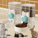 Rabbit Feeder for Cage,Hanging Automatic Cat Feeder and Water Dispenser,Ferret Cage Accessories,Food Water Bowl for Cats Rabbit Guinea Pig Cages(Cage Grid Spacing Over 1.2'') (White blue)
