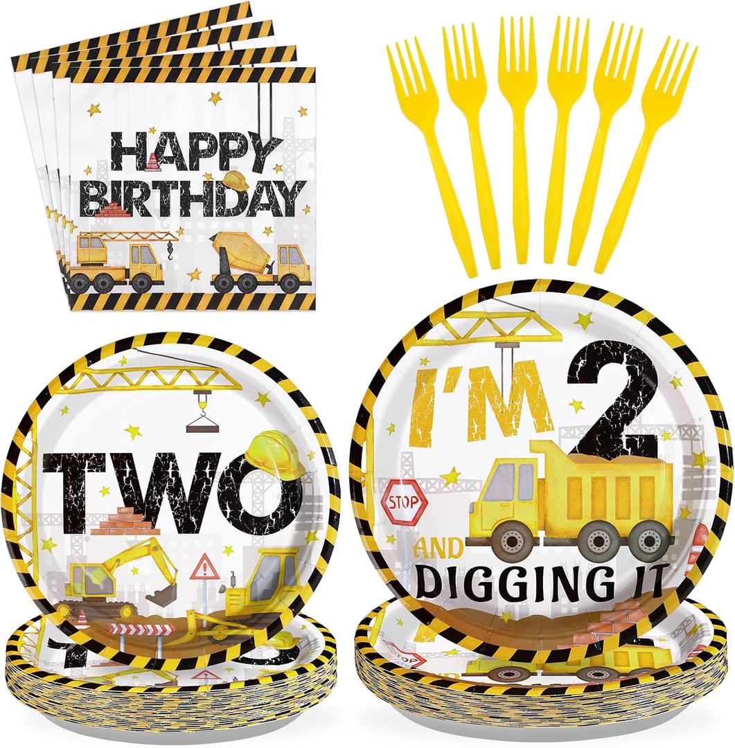 96 Pcs Construction 2nd Birthday Party Supplies Construction Truck Plates and Napkins Tableware 350GSM Excavator Birthday Decorations Favors for Boys Tractor Dump Two Years Old, Serves 24