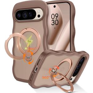 for Google Pixel 10 Pro XL Case with Invisible 360 Magnetic Stand [Compatible with Magsafe] Cute Curly Wavy Phone Case Pixel 10 Pro XL Kickstand Women Men Shockproof Cover, Desert Titanium