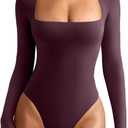 REORIA Women's Basic Lightweight Layering Sexy Slim Square Neck Long Sleeve Bodysuit Tops (Xsmall)