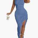 BEAGIMEG Women's Sexy Ruched Sleeveless Asymmetrical Ruffles Elegant Cocktail Evening Party Maxi Dress M