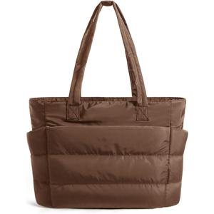 BAGSMART Tote Bag for Women, Lightweight Puffy Tote Bag with Compartments Shoulder Bag Handbag for Travel, Work, Gym | Lightweight (Standard, Coffee), 16.1''L x 6.1''Wx 12.2''H