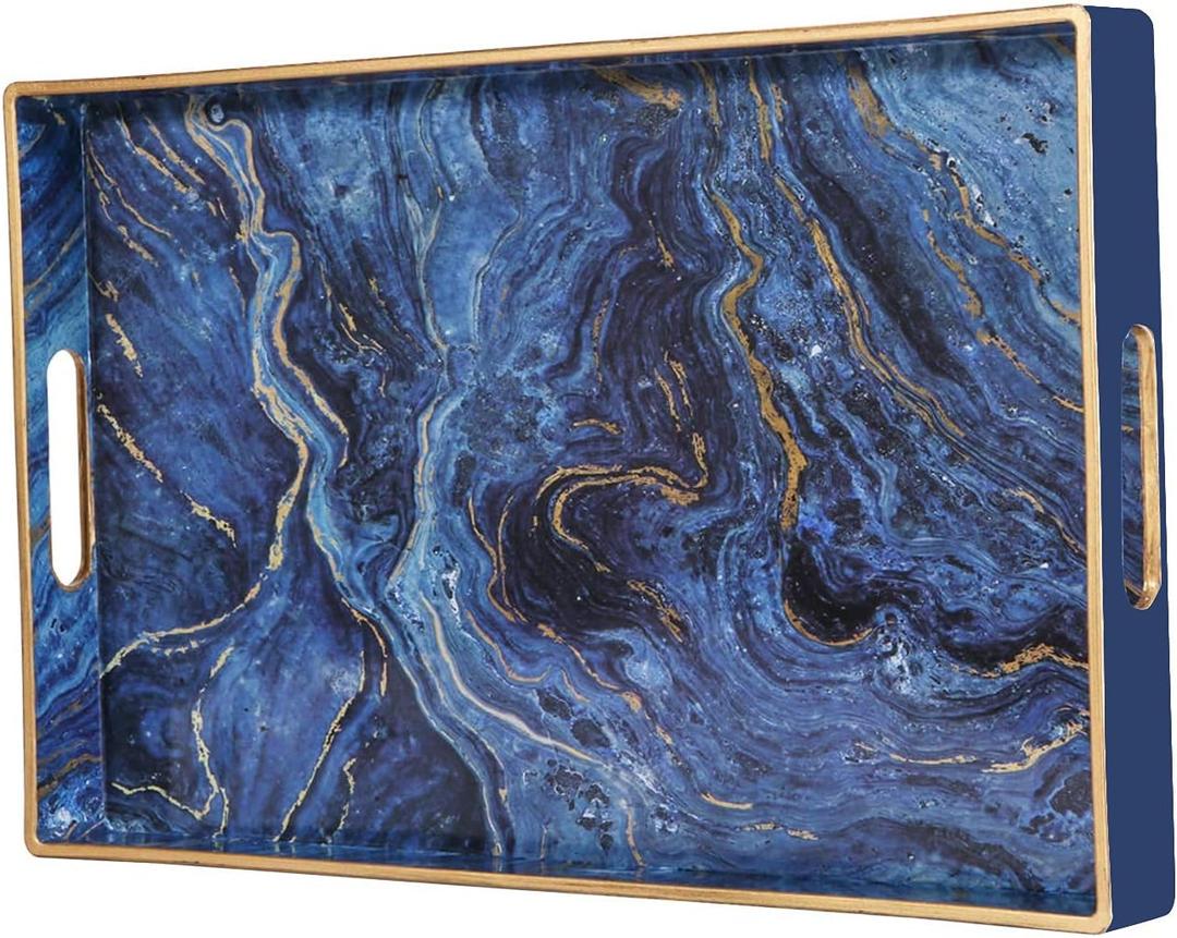 Zosenley Decorative Tray, Marbling Plastic Tray with Handles, Rectangular Vanity Tray and Serving Tray for Bathroom, Kitchen, Ottoman and Coffee Table, 15.6 x 10.2, Blue