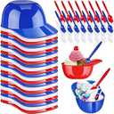 24 Count Summer Baseball Helmet Snack Ice Cream Bowl 24 Pcs Disposable Taster Spoons 8 oz Mini Sundae Bowls Dessert Plastic Spoons for Party Supplies(Red, Blue, White)