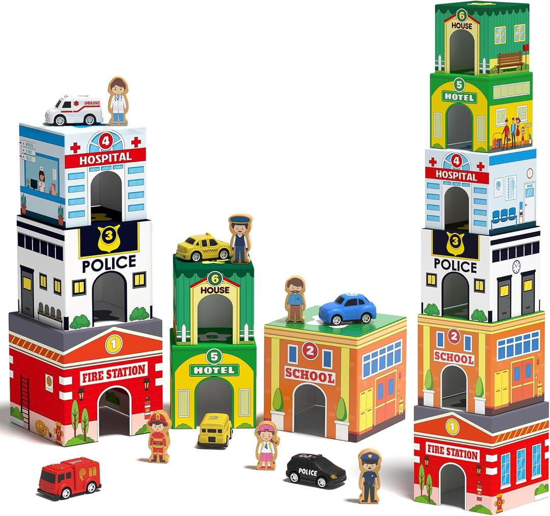 Coogam Montessori Sorting & Stacking Blocks with Nesting Garages Cars, Stackable Number Boxes for Toddlers Learning Community Helpers, Preschool Educational Toy Gift for 2 3 4 Year Old Baby