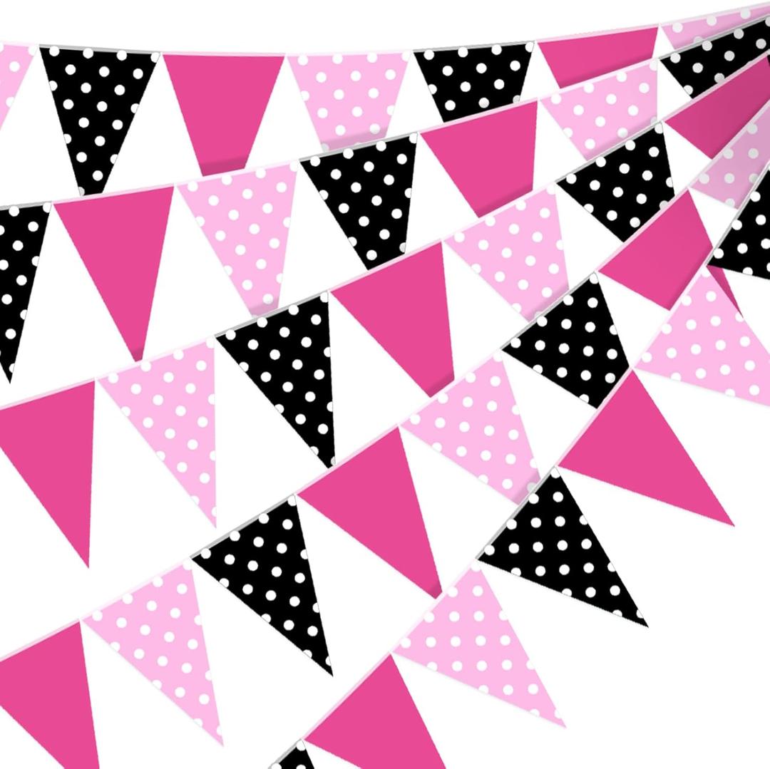 Faccito 60 Pcs Mouse Color Banner Decorations 49 ft Rose Hot Pink and Black Pennant Flag Banner Mouse Theme Paper Triangle Bunting Decor for Outdoor Garden Birthday Wedding Party Supplies