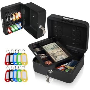 Honeywell Safes & Door Locks - Convertible Small Cash Box with Removable Money Tray - Durable Lock Box with Storage Under Tray & 10 Key hooks - Metal Money Safe with Key Lock - Black, 0.1 CU - 6111