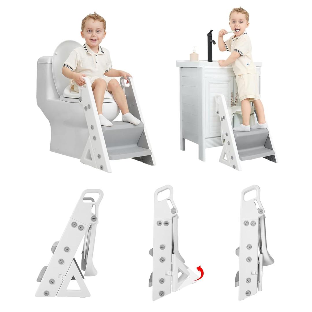 Primlect Potty Training Seat, Upgrade Foldable Step Stool for Bathroom, Toddler Toilet Attachment, Adjustable Height, Handles on Top of The Ladder, Easy to Carry and Climb, Boys and Girls 1-3 (Gray)