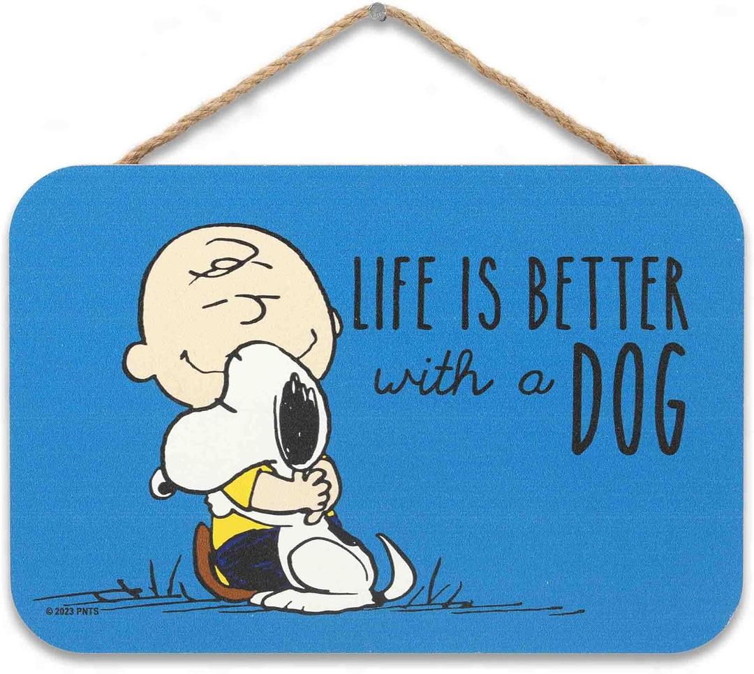 Peanuts Charlie Brown and Snoopy Life Is Better With a Dog Hanging Wood Wall Decor - Cute Snoopy Sign for Home (Blue/White)