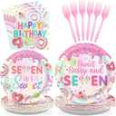 Grencian 96 Pcs Sweet Sassy and 7 Birthday Decorations Donut 7th Birthday Party Decorations for Girls Colorful Donut Plates and Napkins 7 Years Old Disposable Party Supplies Serves 24