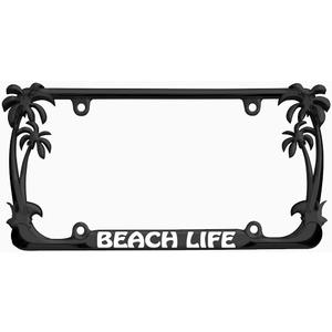 Beach Life Palm Tree Design Black Metal Auto License Plate Frame Car Tag Holder