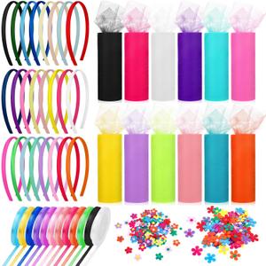 Thiccywoov 24 Pcs Rainbow Headbands 12 Pcs Tulle Mesh Fabric Rolls 200 Pcs Felt Flowers Embellishments for DIY Crafts 12 Pcs Colorful Satin Roll Ribbons for DIY Headbands Party Decoration