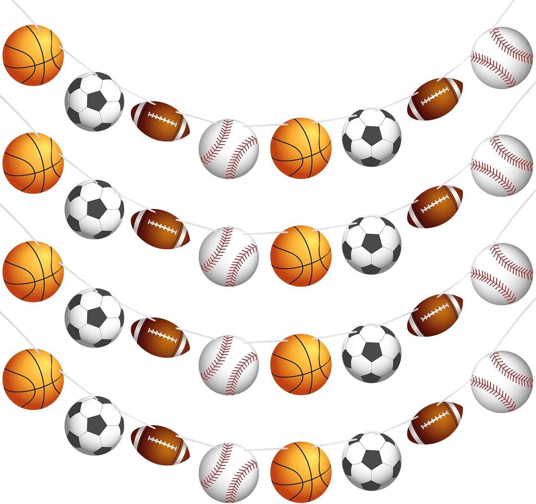 Outus 4 Pcs Sports Theme Banner 78 Inch Basketball Football Baseball Soccer Bunting Hanging Paper Garland for Birthday Baby Shower Sports Theme Party Decorations