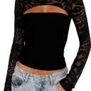 Womens Lace Long Sleeve Going Out Top Sexy Cut Out Y2K Crew Neck Club Party Night Out Tops Mesh Lace Blouse Shirt (Black, XL)