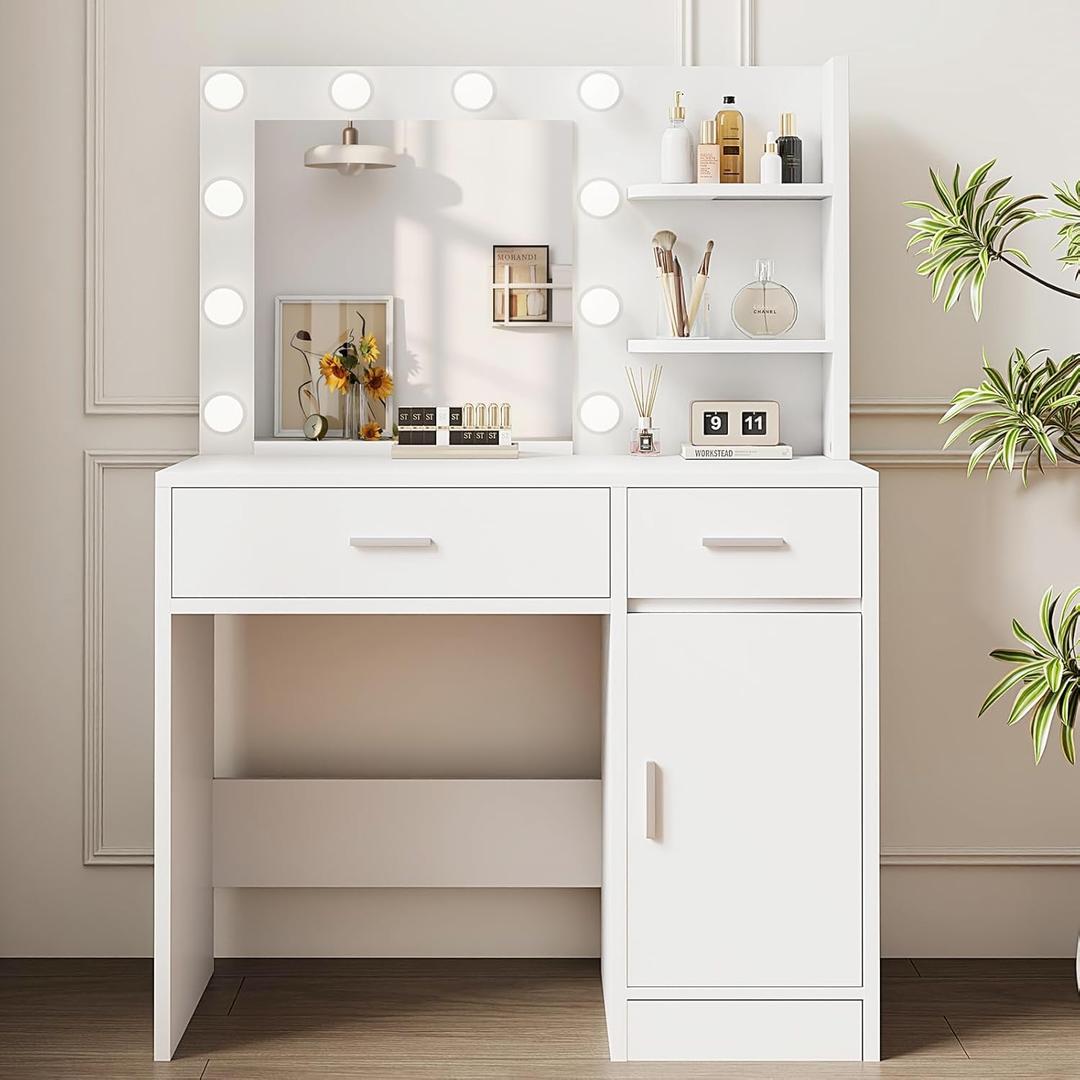 Lighted Makeup Vanity Desk, 35.4W x 15.7'D x 54H, White (with Lights and Mirror, Dimming Function, 2 Drawers and 1 Cabiniet, Open Shelves) by Boahaus