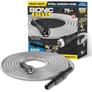 Bionic Steel 75 Ft Garden Hose with Nozzle, Premium 304 Stainless Steel Metal Water Hose 75Ft, Flexible, Rust Proof, Lightweight, Heavy Duty, Crush Resistant Fittings, Easy Coil, 500 PSI, 2025 Model