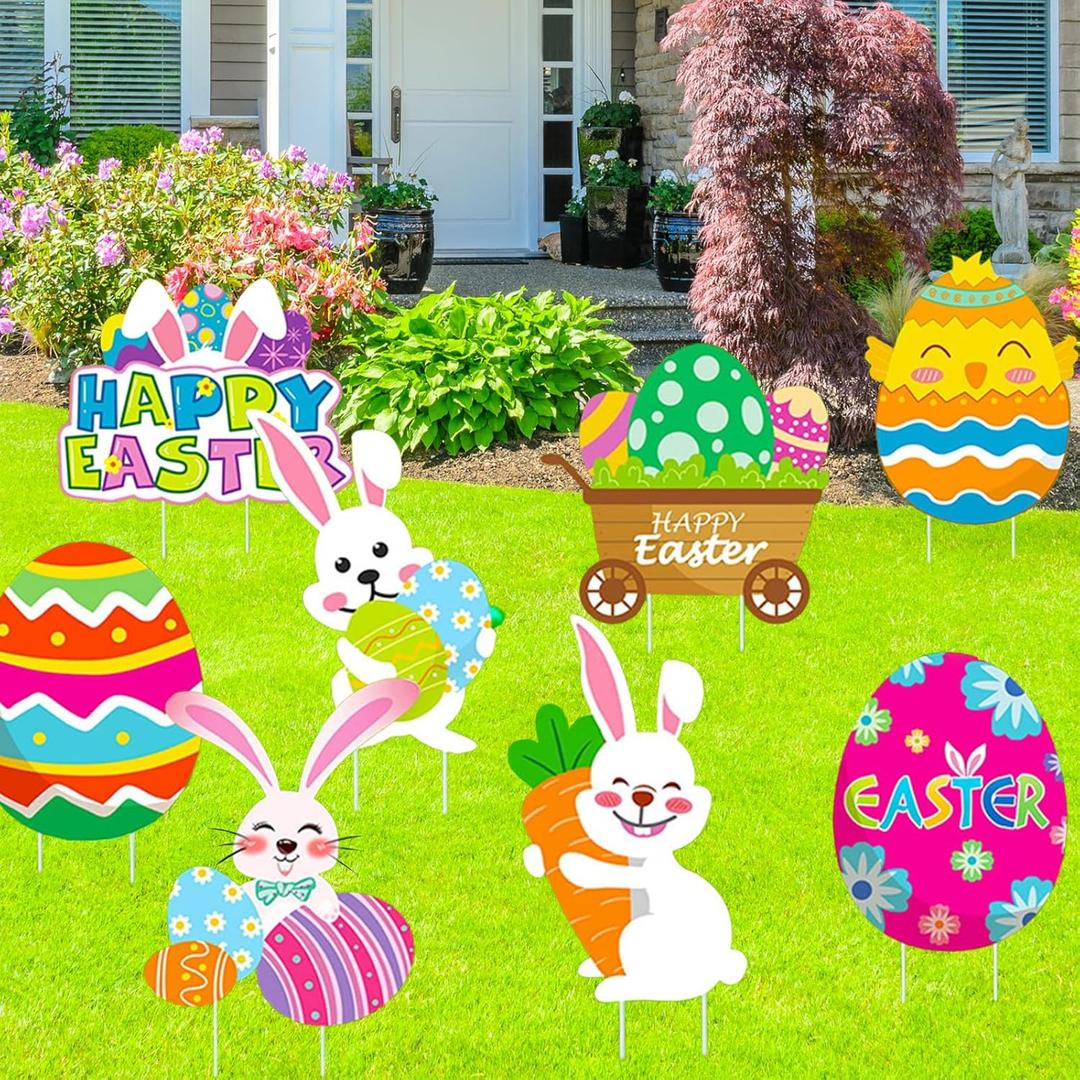 8PCS Easter Decorations Outdoor Yard Signs Bunny Eggs Yard Stakes Happy Easter Egg Hunt Yard Signs Garden Lawn Decor Supplies