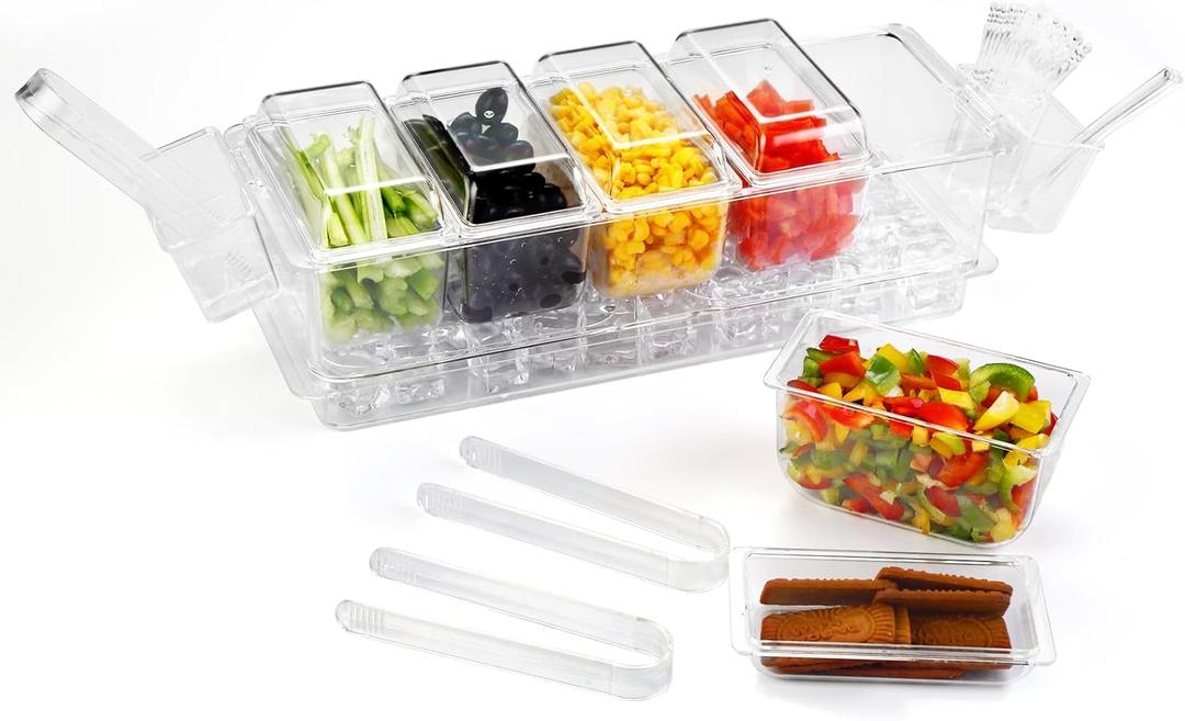 Ice Chilled Condiment Caddy Organizer with Detachable Ice Box & Side Bins, 5 Removable 2.5 Cup Containers with Lids, Clear Garnish Tray Server for Taco Bar, Mimosa, Fruit, Salad, Buffet (BPA-Free)