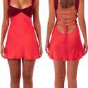 Womens Mini Dress Patchwork Sleeveless Strapless Lace Up High Waist A-line Elegant Party Clubwear Short Dress (Red, S)