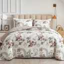 Flysheep 3 Pieces Quilt Set Full/Queen Size, Beige Floral Reversible Bedspread Coverlet Set, Soft Microfiber Lightweight Bed Cover for All Season (90" x 90", 1 Quilt+ 2 Pillow Shams)