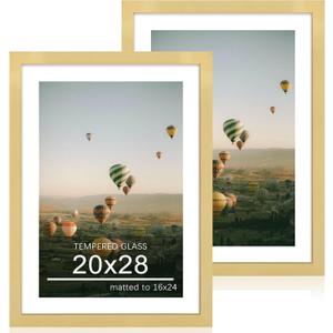 20x28 Poster Frame Set of 2, 20 x 28 Wood Picture Frames with Mat for 16x24, Wooden Photo Frame with Tempered Glass Cover for Wall Mounting Display, Gold