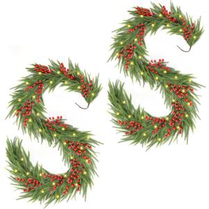 Christmas Norfolk Pine Garland 6FT Set of 2,Real Touch Faux Winter Greenery Garland with Light for Stairs Table Fireplace Backdrop Wall,Christmas Holiday Seasonal Winter Decor
