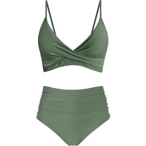 Women's High Waisted Bikini Sets Push Up Twist Front Spaghetti Straps Ruched Two Piece Swimsuit Bathing Suit Olive L
