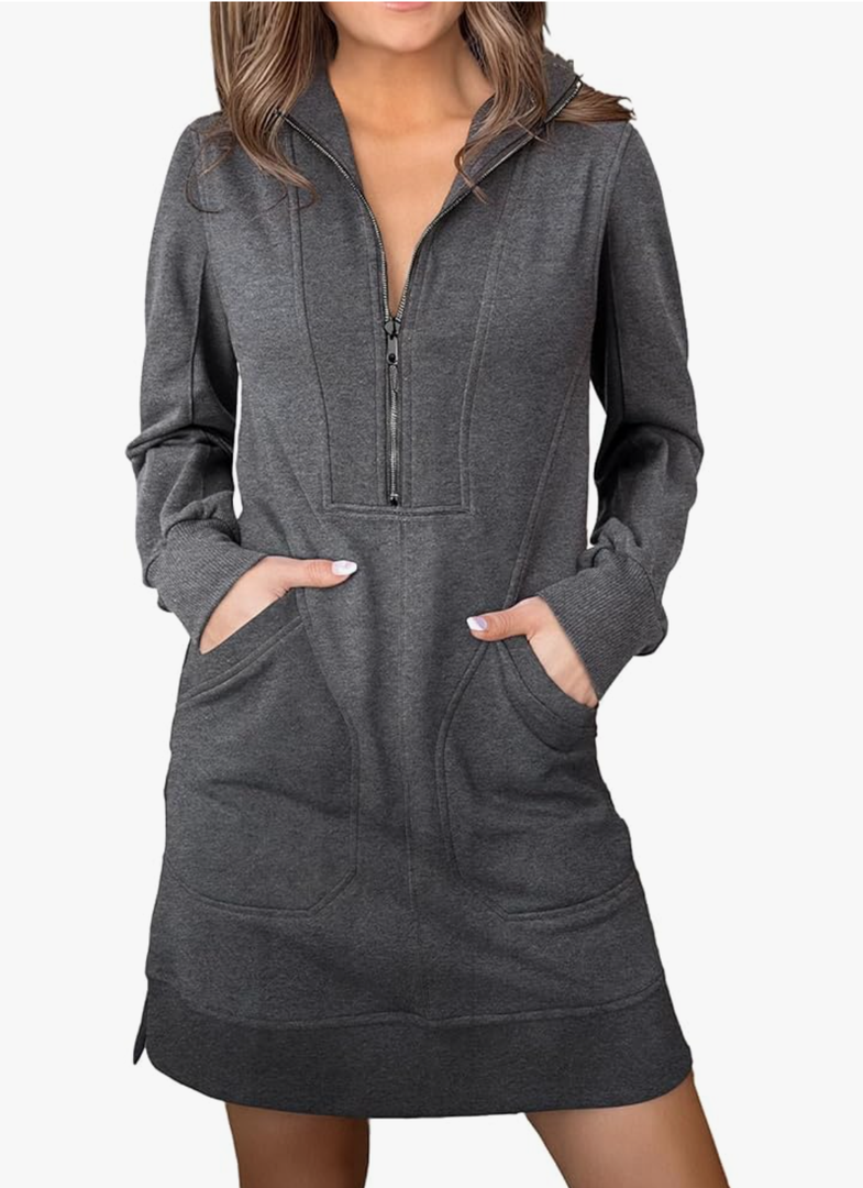 AlvaQ Sweatshirt Dress for Women Fall Winter Casual Long Sleeve Half Zip V Neck Pullover Tunic Tops Mini Dress with Pockets XL