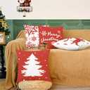 CaliTime Christmas Throw Pillow Covers Decorative 16 X 16 Inches Set of 4 Cozy Fleece Tree Deer Snowflakes Cushion Cases for Couch Sofa Bed Living Room Farmhouse Christmas Red