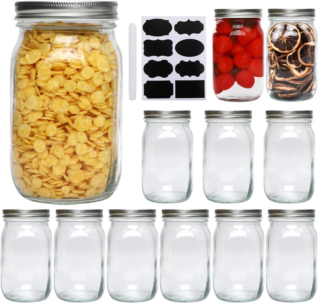 Accguan 33oz Glass Jars with Regular Lids, Mason Jar With Airtight Lids, Clear Glass Jar Ideal for Jam,Honey,Shower Favors,Wedding Favors, 12pack (Silver Lid)
