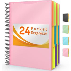Forvencer 24 Pocket Project Organizer, 1/3-cut Tab Binder Organizer with Sticky Labels, Multi Pocket Folder with Zipper Pouch, Folder Binder Spiral Pocket Notebook, Office Supplies (Pink)