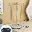 NiHome 360 Rotating Necklace Holder Stand, 24-Hook Metal Jewelry Organizer with Wooden Base Tray, Tangle-Free Display for Necklaces, Bracelets, Earrings, and Accessories, Ideal for Vanity or Dresser