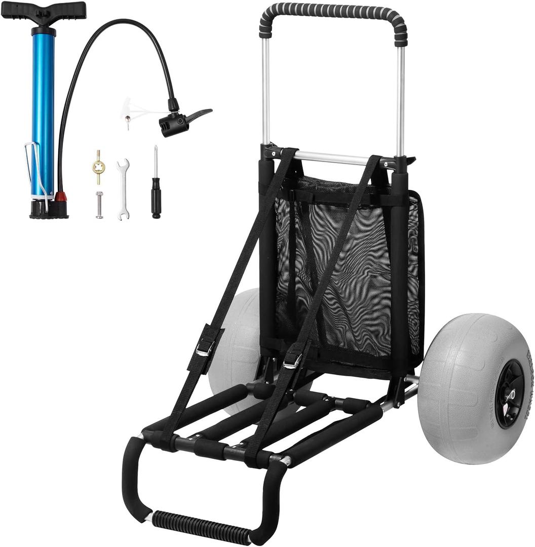 VEVOR Beach Dolly with Big Wheels for Sand, 29.9" x 15.4" Cargo Deck, w/ 12" Balloon Wheels, 165LBS Loading Capacity Folding Sand Cart & 27" to 44.7" Adjustable Height, Heavy Duty Cart for Beach