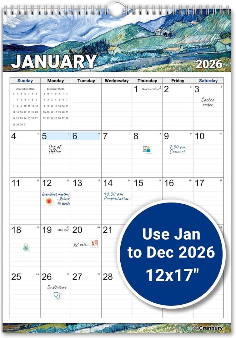 CRANBURY Large Wall Calendar 2026 12x17", Big Grid Calendar, 12 Months Jan-Dec 2026, Artwork Designs, Includes Planner Stickers (Impressions)