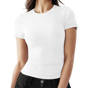 Womens Short Sleeve Crop Tops Trendy Scoop Neck Tight T-Shirts Slim Fit Tees Female Casual Summer Y2k Clothing (White, XS)