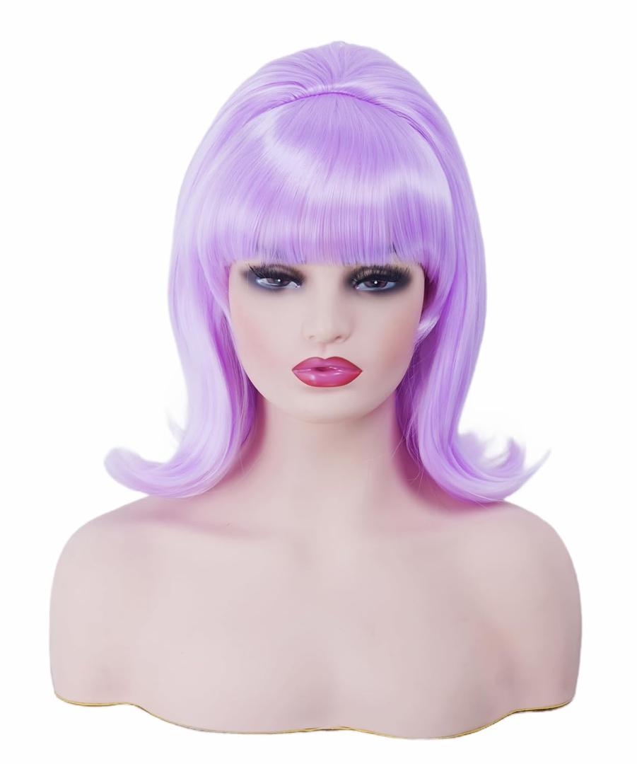 Rugelyss Short Wavy Light Purple Wig with Bang Big Bouffant Beehive Wigs for Women fits 80s Costume or Halloween Party