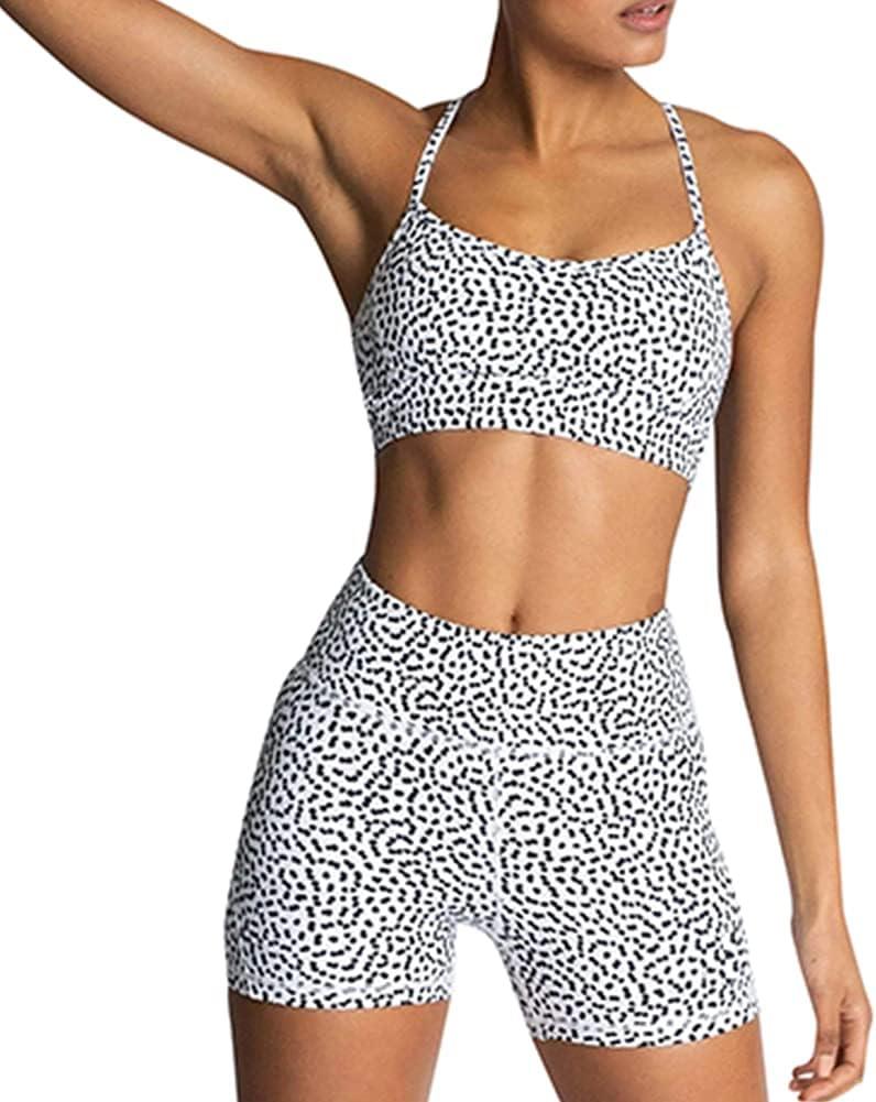 IMEKIS Women's Workout Sets 2 Piece Yoga Outfit High Waisted Biker Shorts Leggings Sports Bra Gym Fitness Clothes Tracksuit (Medium, # White Polka Dots), M
