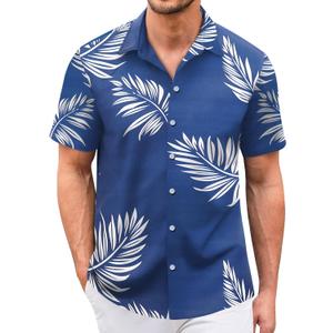 Hawaiian Shirt for Men Short Sleeves Tropical Printed Casual Button Down Summer Beach Floral Shirts (Large, Leaf Blue)