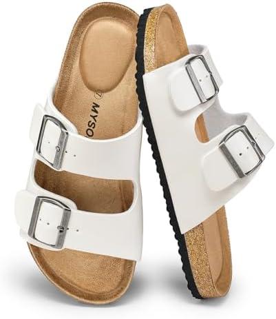 Womens Flat Sandals Cork Footbed Slides with 2 Straps | Adjustable Buckle Slip On Comfortable Casual Light Weight Summer Sandals Size 8.5
