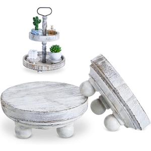 Yalikop Set of 2 Mini Wood Risers for Decor Round Wooden Riser Small Wooden Stool Display Stand Farmhouse Rustic Wood Pedestal for Plant Pot Tiered Tray Decor Cake Food Collection Display(White)