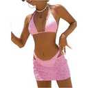 WDIRARA Women's 3 Piece Textured Thong Bikini Set Triangle String Halter Swimsuit with Cover Up Skirt Size L