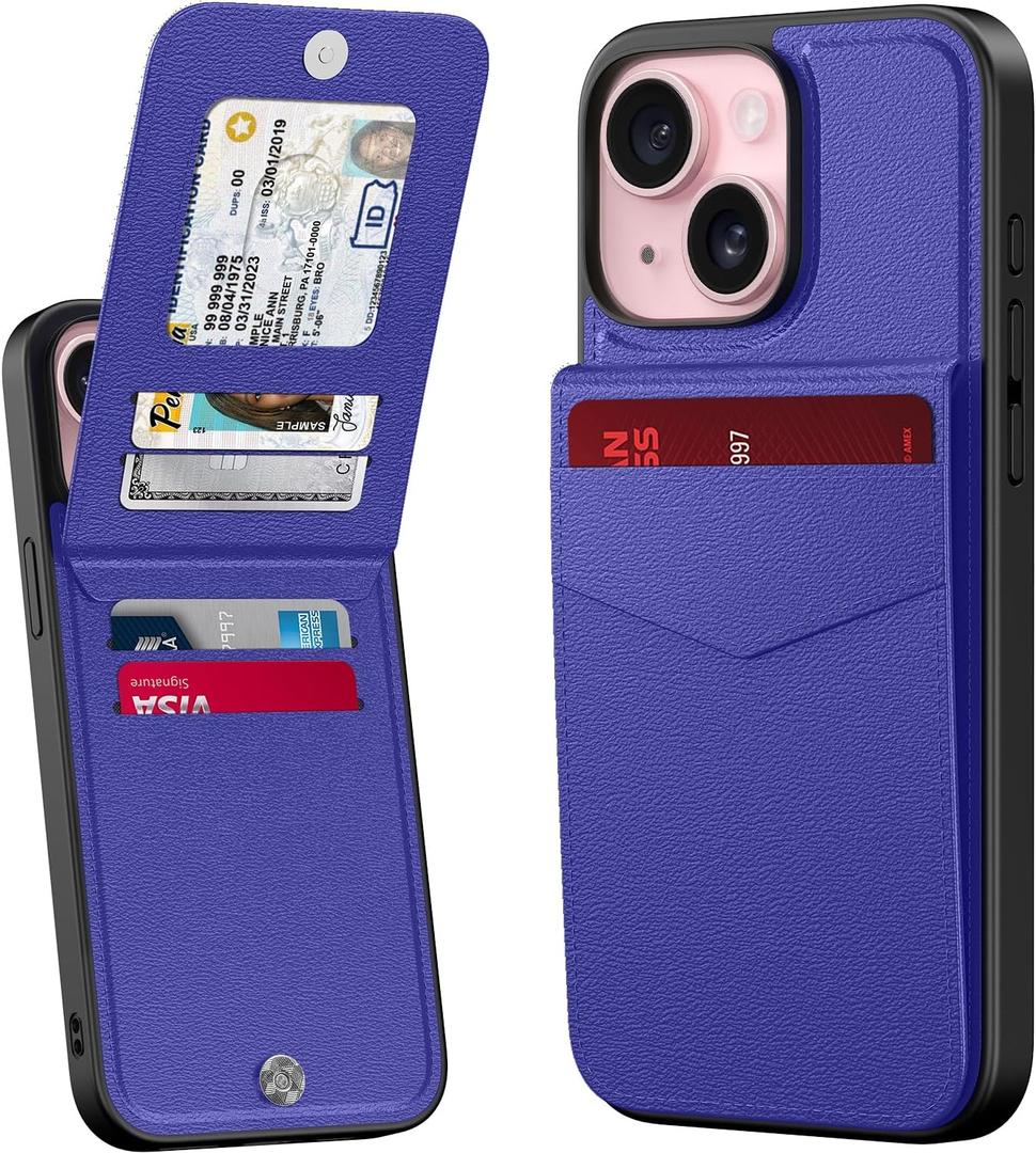 Bemal for iPhone 15 Wallet Case, Built-in Card Holder, RFID Blocking, PU Leather Kickstand, Magnetic Closure, Durable Shockproof Phone Cover for Women and Men, Blue