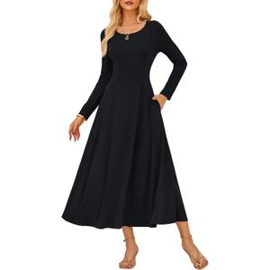 GRACE KARIN Women's 2025 Fall Dresses, Long Sleeve A Line Flared Midi Dresses, Wedding Guest Casual Dress with Pockets (Medium)