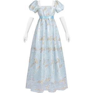 LTAKK Regency Dress Women Regency Costume Empire Waist Tea Party Embroidery Victorian Gown with Sash and Gloves, XL